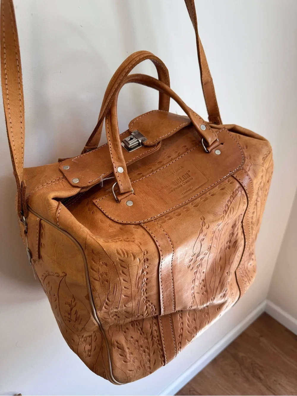 Tooled Leather Lambare Pedro Osorio Travel Duffel Bag - Tan